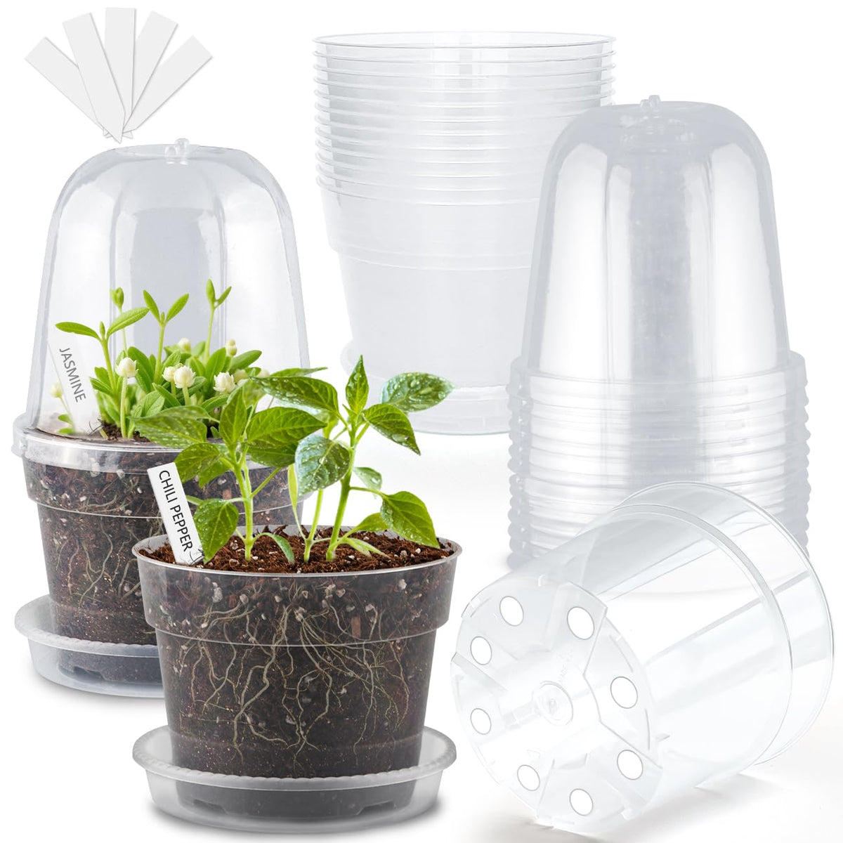 9 Pack 8/7/6 Inch Clear Nursery Pots for Plants with Saucer, Transparent Plastic Plant Pots with Drainage Holes, Sturdy Seedling Starter Pot, Garden Planter Pot for Succulents Flowers Herb Vegetables