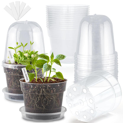 9 Pack 8/7/6 Inch Clear Nursery Pots for Plants with Saucer, Transparent Plastic Plant Pots with Drainage Holes, Sturdy Seedling Starter Pot, Garden Planter Pot for Succulents Flowers Herb Vegetables