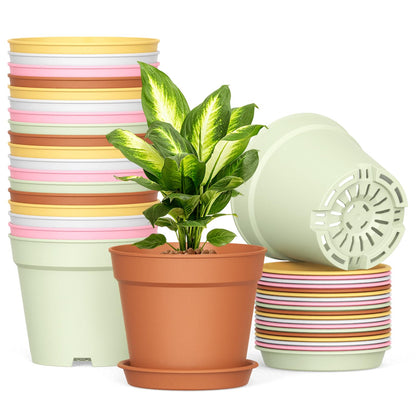 10 Pack 6 Inch Plant Pots with Drainage and Saucers, White Plastic Flower Pots for Indoor and Outdoor Plants, Stackable Nursery Planters for Houseplants and Herbs, White