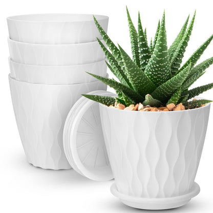 YNNICO 6 inch Plant Pots 5 Pack Plastic Planters with Drainage & Saucers