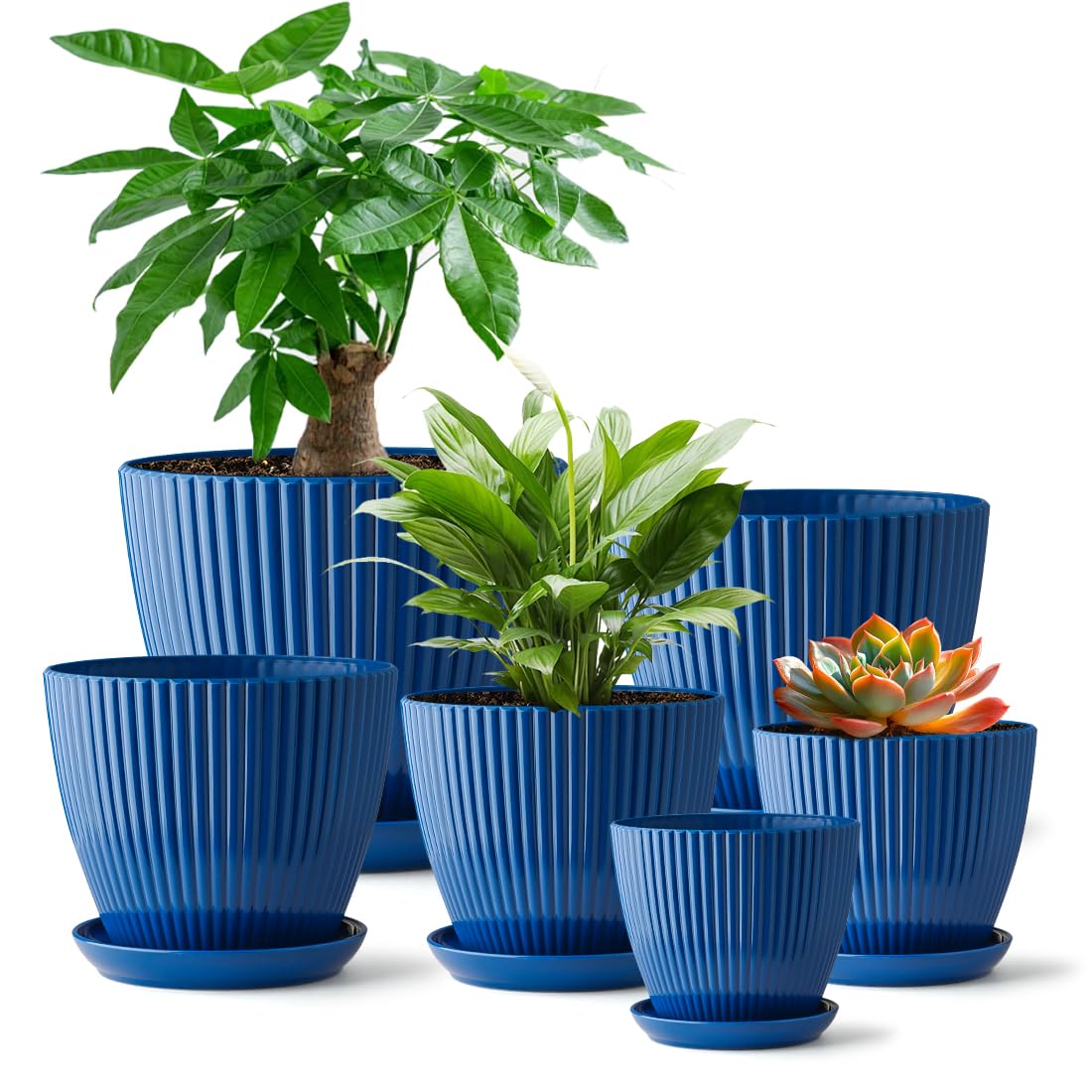 RooTrimmer 7.5 Inch Plastic Pots, 6 Pack with Drain Holes & Saucers