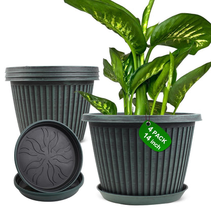 Myfeegoin Planter-Pots-for-Plants-Indoor-Outdoor, 4 Pack 10 Inch Plastic Flower Pots with Saucer & Drainage Holes, Modern Garden Planters for Planting Medium Large Plants，Decorative Resin Garden Pots