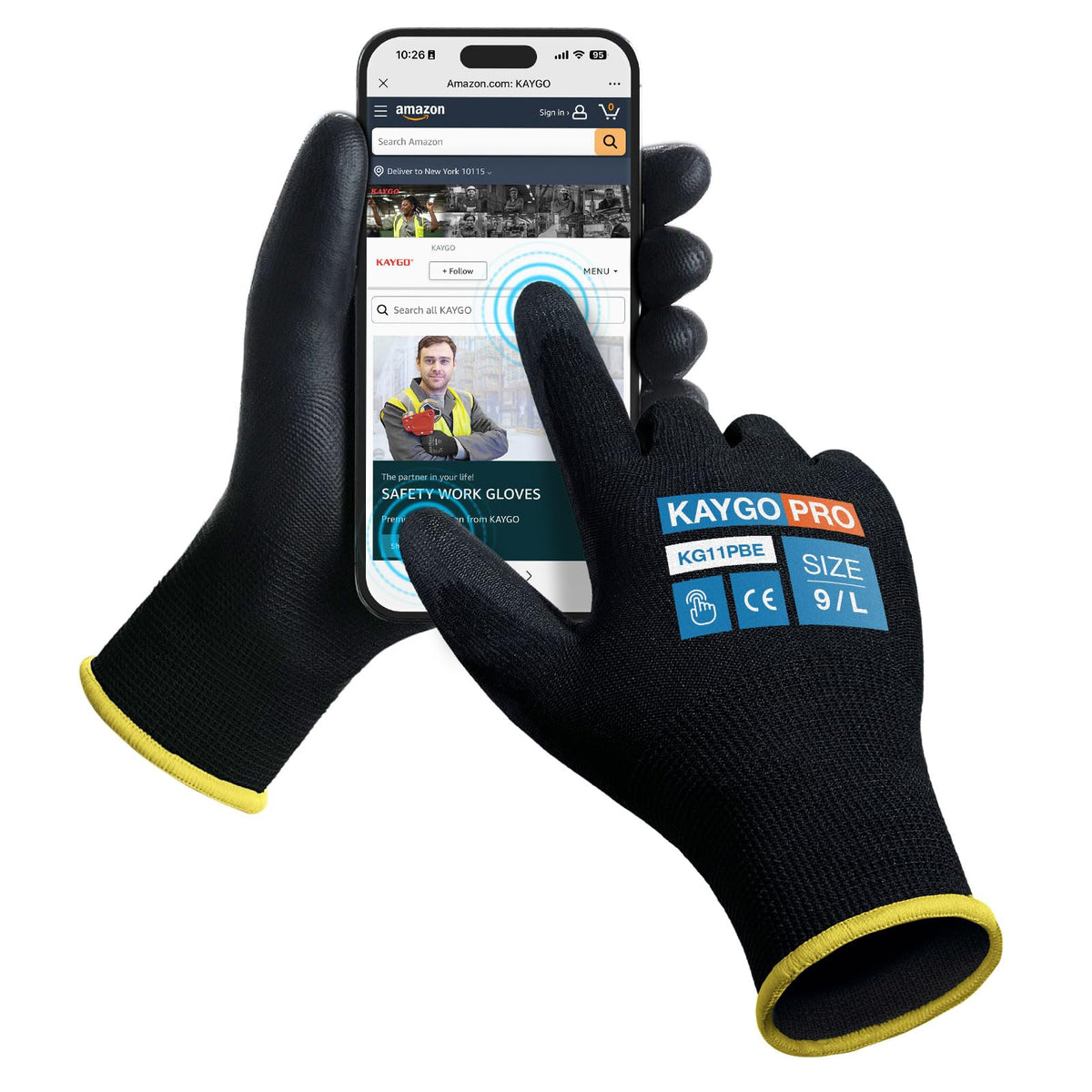KAYGO Safety Work Gloves for Men Women, PU Coated Palm & Fingers, KG11P