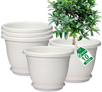 5 Packs 10 inch Flower Pots + Saucers, Large Indoor & Outdoor Pot