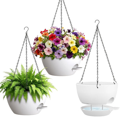UOUZ Set of 3-10 Inch Self Watering Hanging Planters for Indoor Outdoor，Hanging Plant Pots with Drainage & Removable Tray, Hanging Pots Holder for Ivy, Pothos, Ferns, Balcony & Patio, Black with Brown