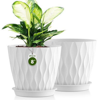 8 Inch Plant Pots 4 Pack Plastic Planters with Drainage & Saucers