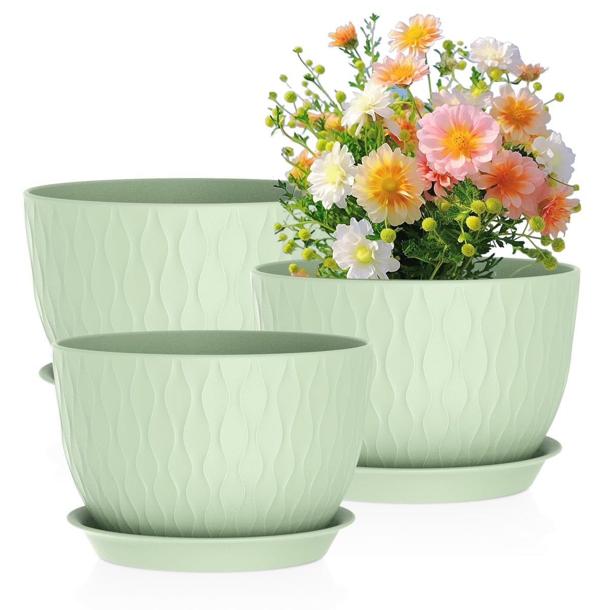 Meowell 12/10/9 inch Large Plant Pots, 3 Pack Wide Flower Pots for Outdoor Indoor Plants with Water Ripples, Big Plastic Planters with Drainage Holes and Saucers for Garden House Plants, White