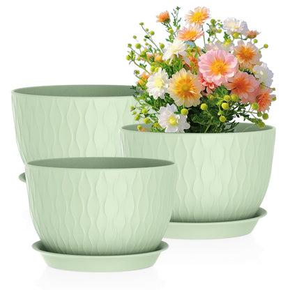 Meowell 12/10/9 inch Large Plant Pots, 3 Pack Wide Flower Pots for Outdoor Indoor Plants with Water Ripples, Big Plastic Planters with Drainage Holes and Saucers for Garden House Plants, White