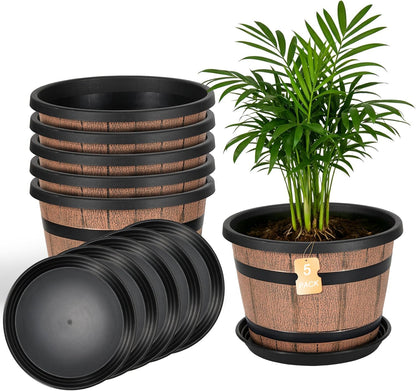 Whiskey Barrel Planters 12 Inch, 5 Pack Plastic Pots with Wood Design