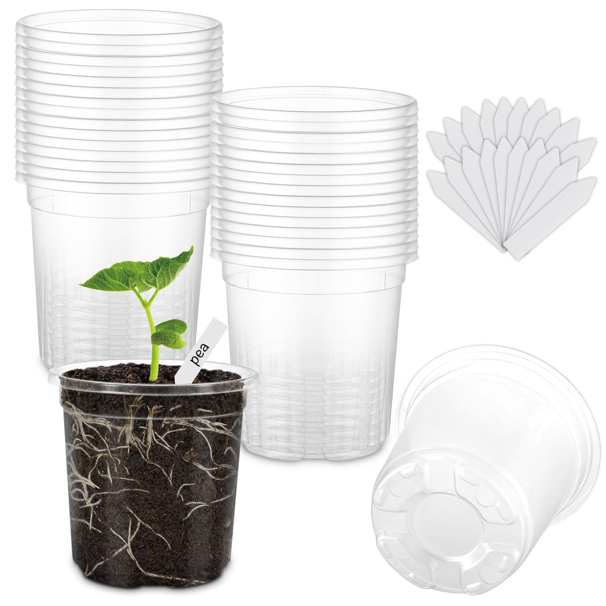 30 Pack Clear Nursery Plant Pots, 3.5/4/5 In with Drainage Holes, 20 Labels