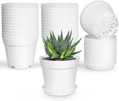 SwinDuck 28 Pack 4 inch Small Plant Pots, Plastic Planters with Drainage Holes and Saucers for Flowers Plants, Succulents, Seed Starting Pots, White