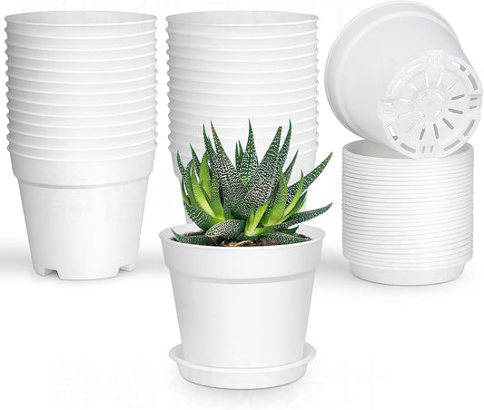 SwinDuck 28 Pack 4 inch Small Plant Pots, Plastic Planters with Drainage Holes and Saucers for Flowers Plants, Succulents, Seed Starting Pots, White