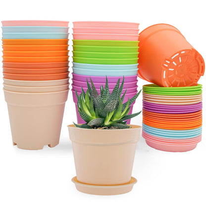 SwinDuck 28 Pack 4 inch Small Plant Pots, Plastic Planters with Drainage Holes and Saucers for Flowers Plants, Succulents, Seed Starting Pots, White