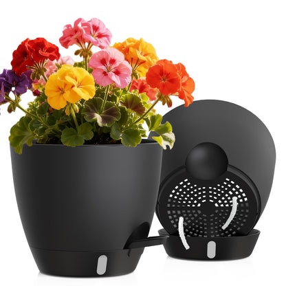 Self Watering Pots with Drainage Holes, 3 Pack 12/10/8 Inch Plant Pots with Water Level Indicator Deep Reservoir, Large Plastic Planter for Indoor Outdoor Plants - Black Brown