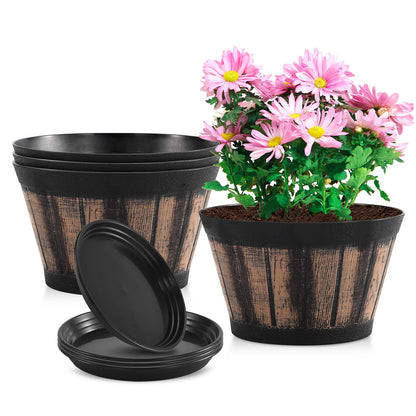 Quarut 3 Pack 10 inch Plant Pots,Whiskey Barrel Planters with Drainage Holes & Saucer, Plastic Decoration Flower Pots Imitation Wine Barrel Design, for Indoor & Outdoor Garden Home Plants (Brown)