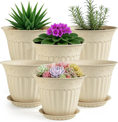 ZMTECH 6 Pack 8 Inch Plant Pots with Saucers, Ivory Cream Planters