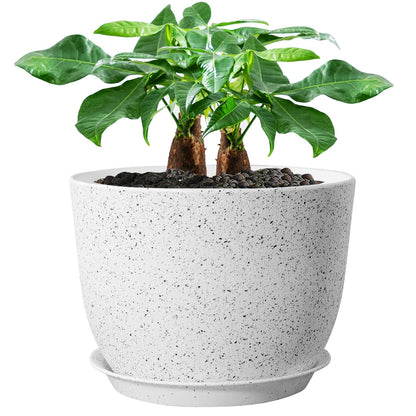 UOUZ 12inch Large Plant Pot, Modern Plastic Planter with High Driange Holes and Saucer for Indoor Outdoor Garden Plants and Flowers, Black