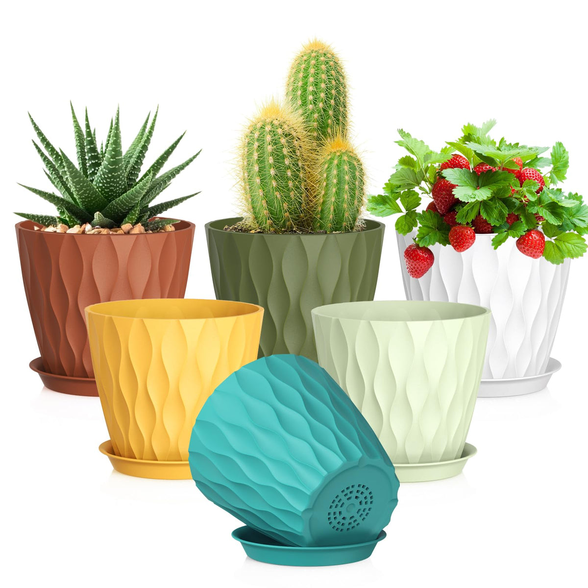 Meowell 7/6.5/6/5.5/5/4.5/4 inch Plant Pots for Indoor Outdoor Plants, 7 Pack Thick Flower Pots with Drainage Holes and Saucers, Modern Wave Texture Small Plastic Planters Nursery Pots, Multicolor