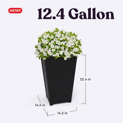Keter Set of 2 Resin Modern Outdoor 22 Inch Tall Large Flower Pots, Tapered Wood Look Planters for Outdoor Plants and Front Porch Decor, Graphite