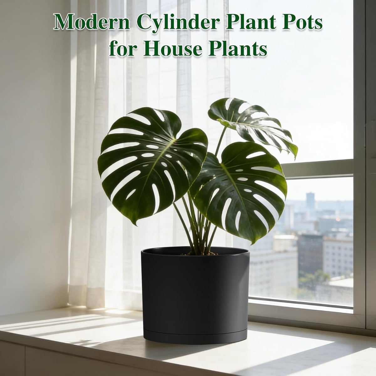 Plant Pots, 10/9/8 Inch 3 Pack Cylindrical Flower Pots with Drainage Holes and Saucers, Plastic Planters for Outdoor Indoor Plants,Black