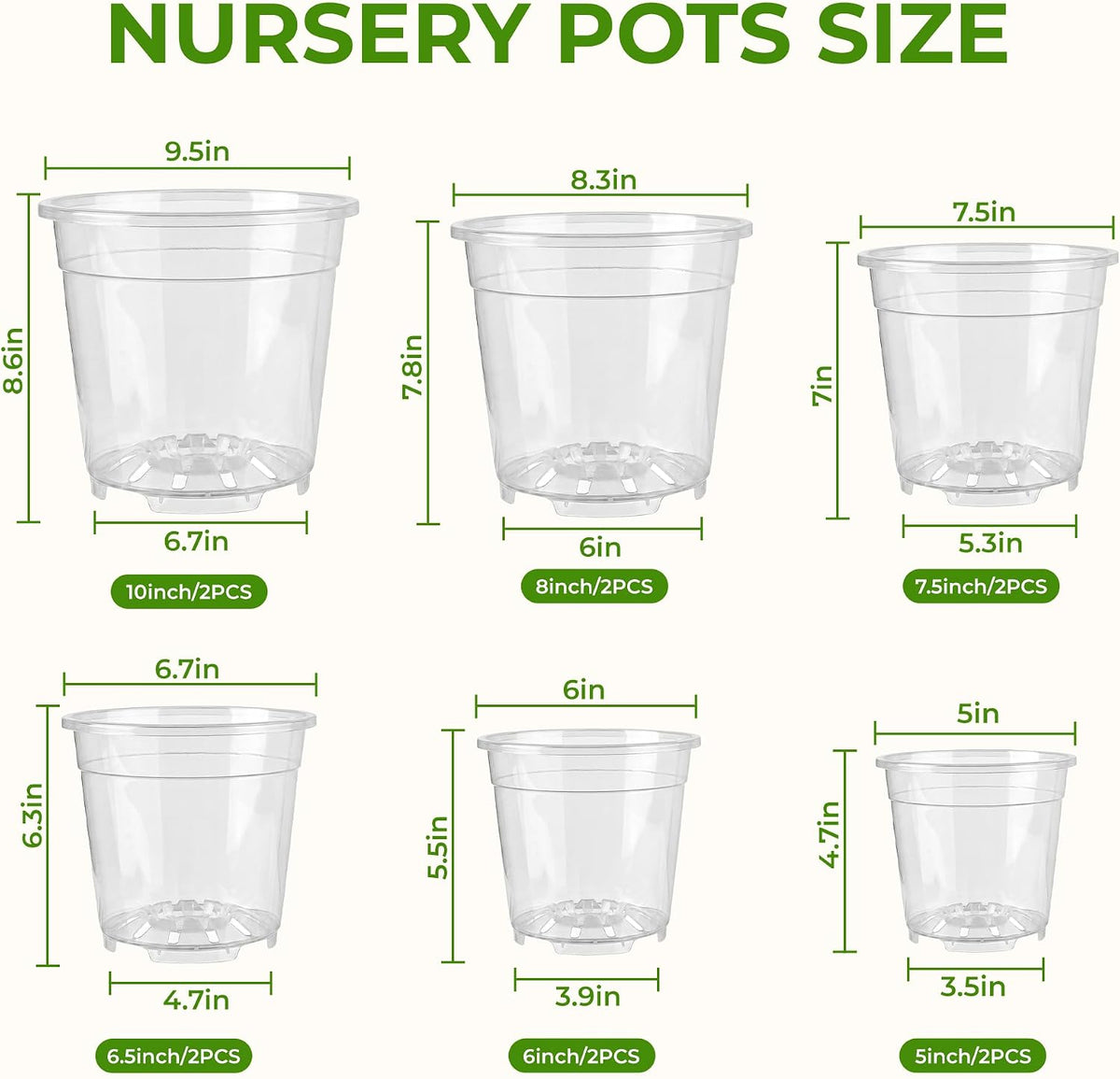 Sturdy 12 Pack Clear Nursery Pots 5/6/6.5/7.5/8/10 Inch with Drainage Holes