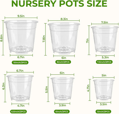 Sturdy 12 Pack Clear Nursery Pots 5/6/6.5/7.5/8/10 Inch with Drainage Holes