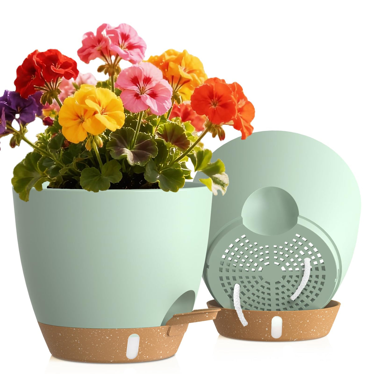 Self Watering Pots with Drainage Holes, 3 Pack 12/10/8 Inch Plant Pots with Water Level Indicator Deep Reservoir, Large Plastic Planter for Indoor Outdoor Plants - Black Brown