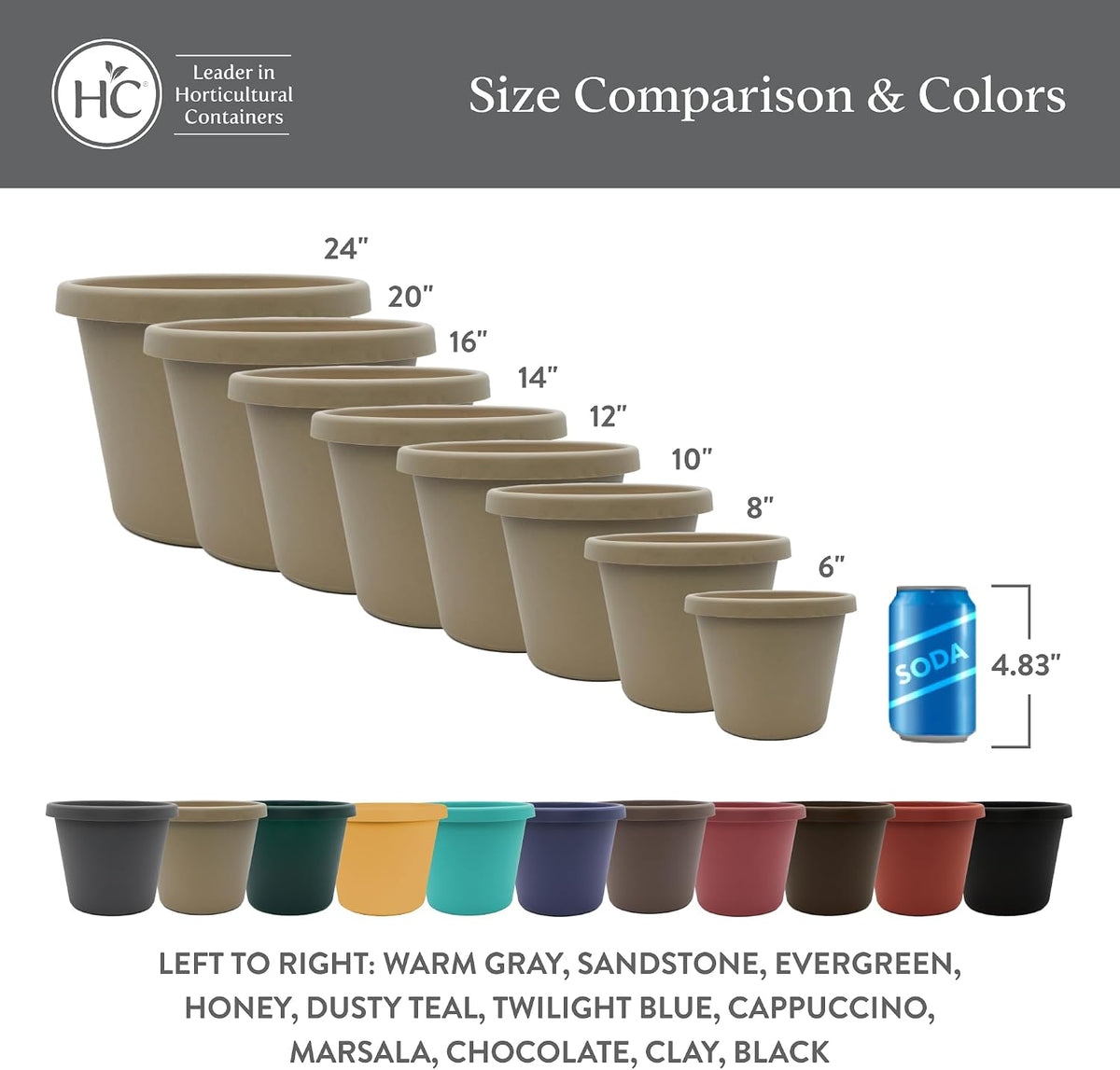 The HC Companies Prima Round Plastic Plant Pot w/Rolled Rim - Lightweight & UV Resistant Flower Pot for Herbs & More - Outdoor & Indoor Plant Pots w/Drainage (12 inch, Warm Gray, Pack of 1)