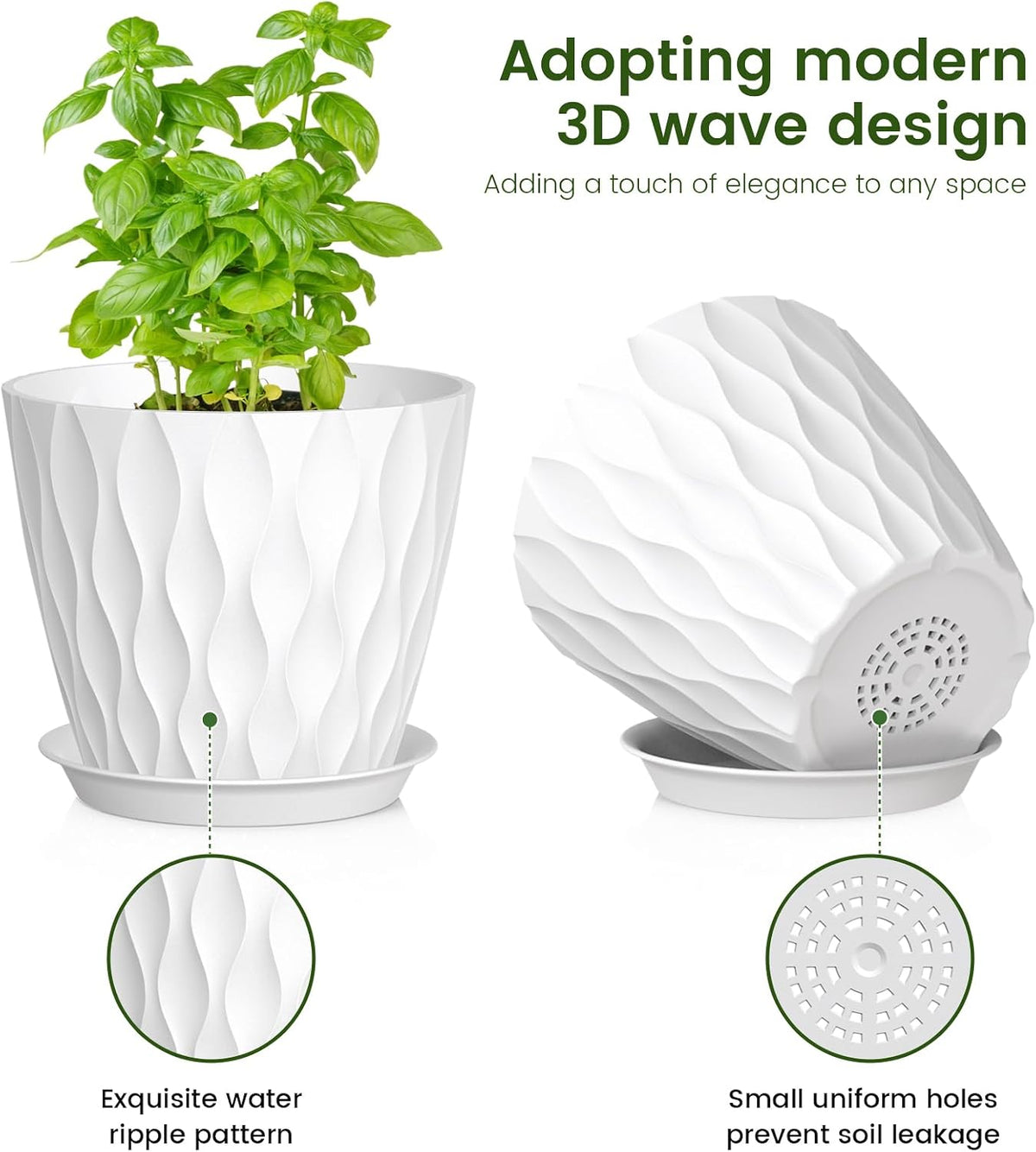 Meowell 7/6.5/6/5.5/5/4.5/4 inch Plant Pots for Indoor Outdoor Plants, 7 Pack Thick Flower Pots with Drainage Holes and Saucers, Modern Wave Texture Small Plastic Planters Nursery Pots, Multicolor