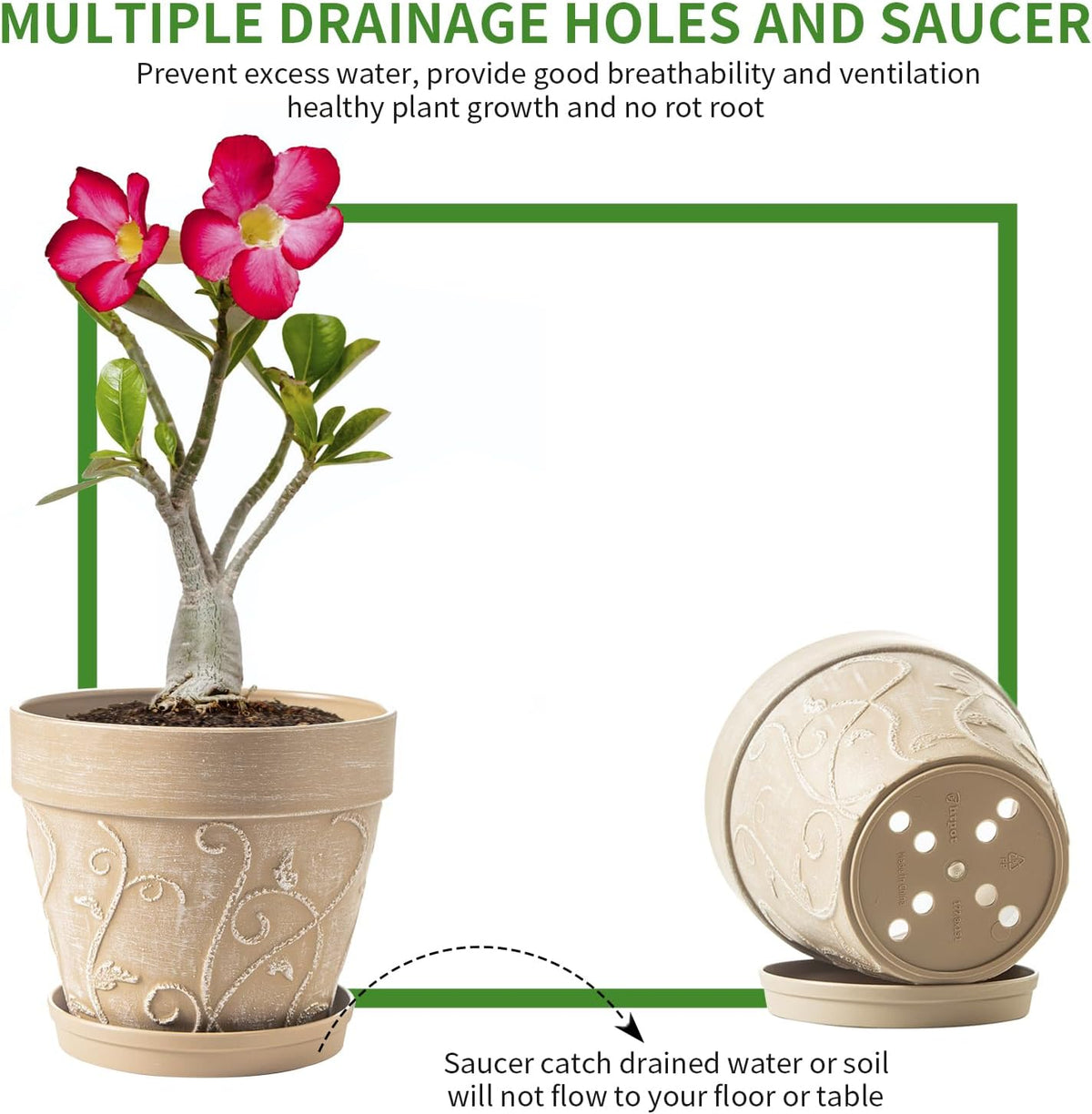 Melphoe Plant Pots Indoor with Drainage & Saucer, 2Pack 7 inch Flower Pots Outdoor Planters for Indoor Plants Garden Home Decor Cactus Succulent, Rigid Plastic (Imitation-Terracotta) Vine-Embossed