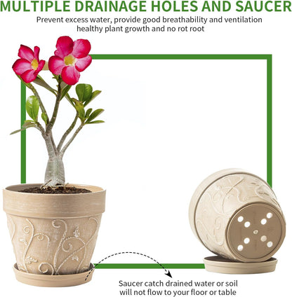 Melphoe Plant Pots Indoor with Drainage & Saucer, 2Pack 7 inch Flower Pots Outdoor Planters for Indoor Plants Garden Home Decor Cactus Succulent, Rigid Plastic (Imitation-Terracotta) Vine-Embossed