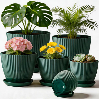 RooTrimmer 7.5 Inch Plastic Pots, 6 Pack with Drain Holes & Saucers
