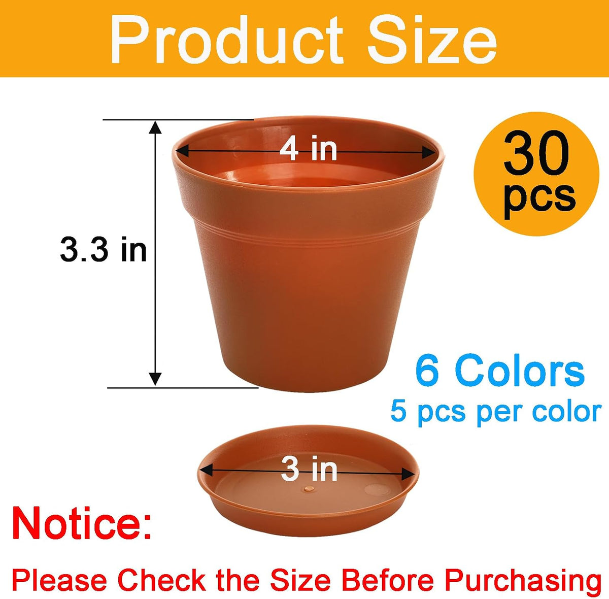 Frcctre 30 Pack 4 Inch Plastic Planter Pots, Small Flower Pots Seedlings Nursery Pots with Drainage Hole and Saucers for Indoor Outdoor Plants Flowers Herbs Succulents, 6 Colors