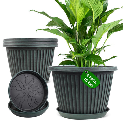 Myfeegoin Planter-Pots-for-Plants-Indoor-Outdoor, 4 Pack 10 Inch Plastic Flower Pots with Saucer & Drainage Holes, Modern Garden Planters for Planting Medium Large Plants，Decorative Resin Garden Pots