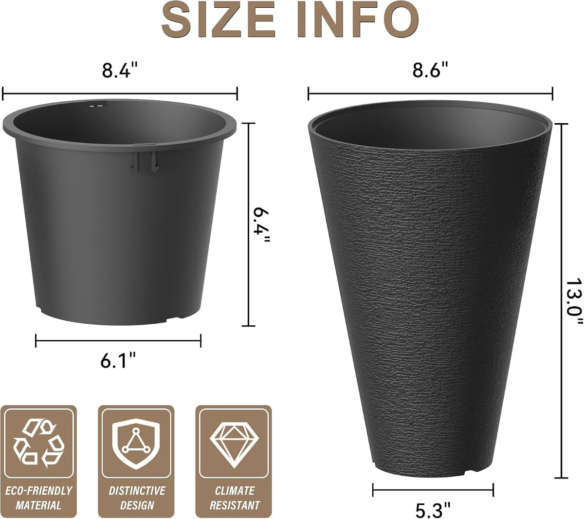 Kante Set of 2 Black Plastic Round Planters 13" Tall Home & Outdoor
