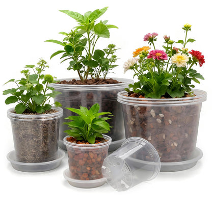 10/8/6/4 Inch Clear Nursery Pots with Drainage Holes and Saucers, 12 Pack Large Clear Pots for Plants Variety Pack, Plastic Nursery Pots for Succulents, Seedings, Herbs, Flowers, Vegetables