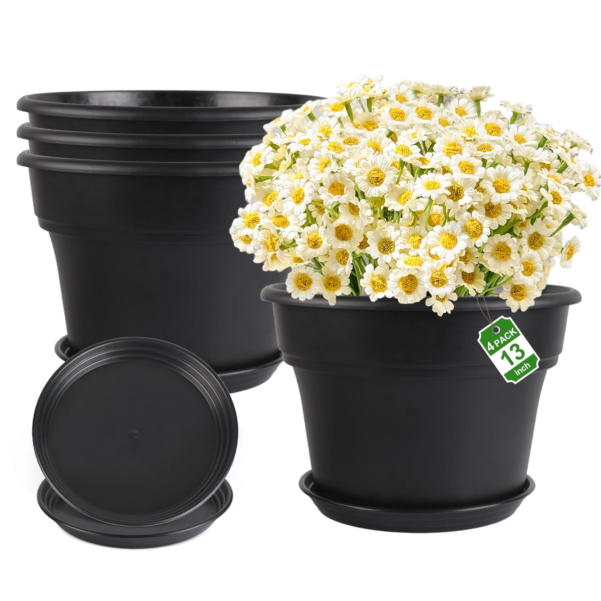 Myfeegoin 10-inch-Plant-Pots-Indoor-Outdoor, 4 Pack Plastic Planters with Drainage Holes & Saucers, Resin Flower Pots with Trays, Classic Garden Pot Container for House