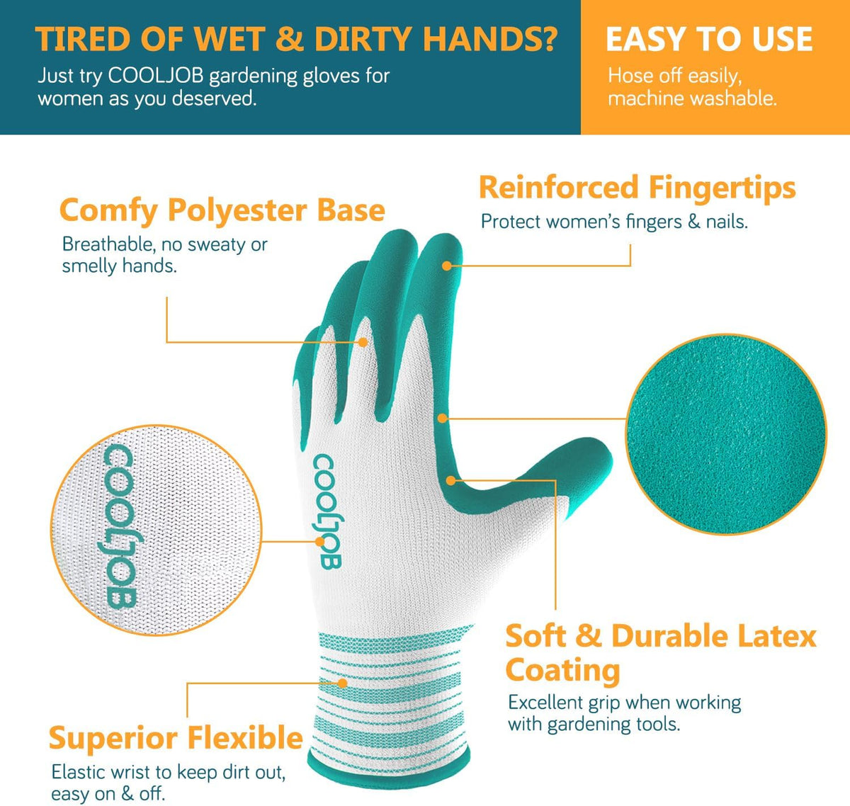COOLJOB 6 Pairs Gardening Gloves for Women, Breathable Rubber Coated, L