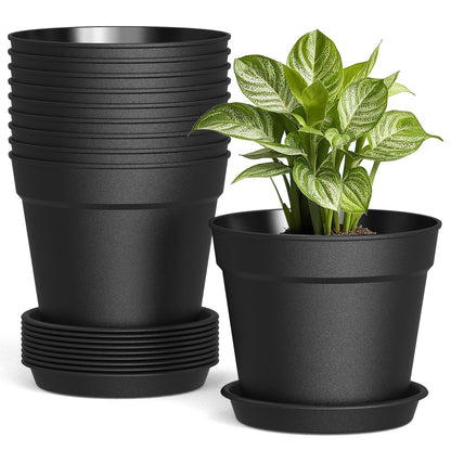 10 Pack 6 Inch Plant Pots with Drainage and Saucers, White Plastic Flower Pots for Indoor and Outdoor Plants, Stackable Nursery Planters for Houseplants and Herbs, White
