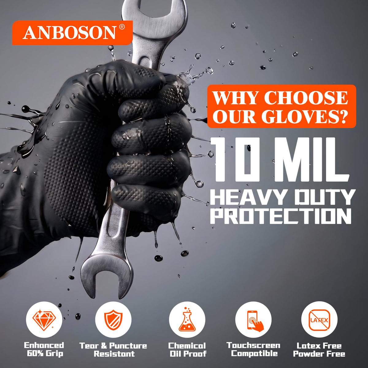 ANBOSON 10 Mil Heavy Duty Mechanic Nitrile Gloves, Large Black 100 Count