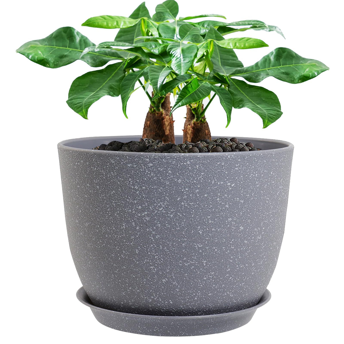 UOUZ 12inch Large Plant Pot, Modern Plastic Planter with High Driange Holes and Saucer for Indoor Outdoor Garden Plants and Flowers, Black