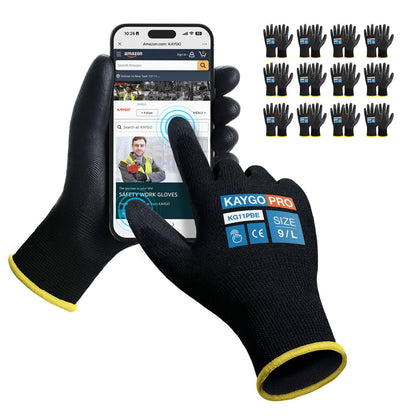 KAYGO Safety Work Gloves for Men Women, PU Coated Palm & Fingers, KG11P