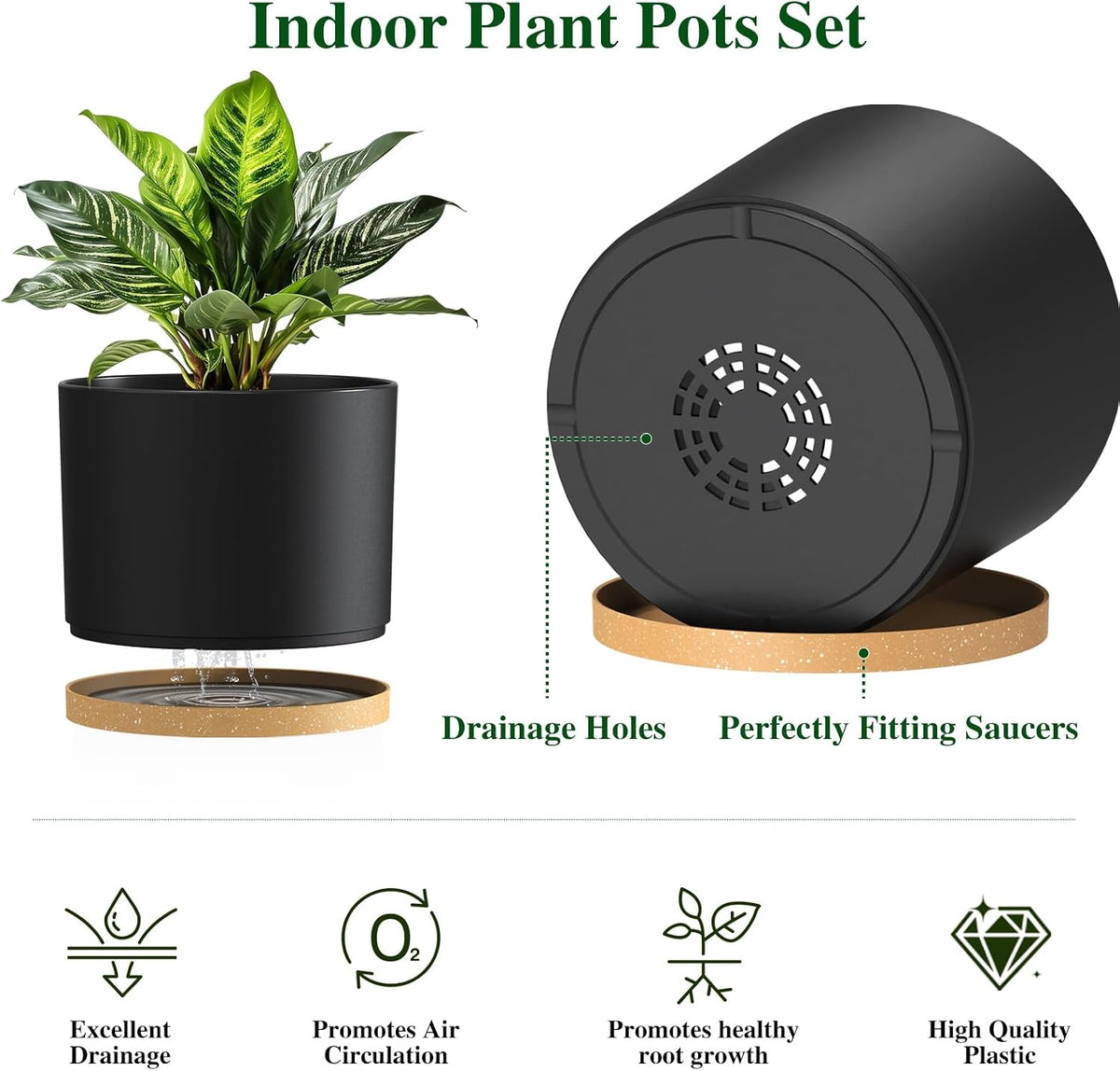 Plant Pots, 10/9/8 Inch 3 Pack Cylindrical Flower Pots with Drainage Holes and Saucers, Plastic Planters for Outdoor Indoor Plants,Black