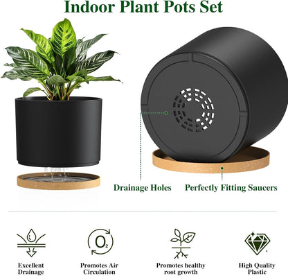 Plant Pots, 10/9/8 Inch 3 Pack Cylindrical Flower Pots with Drainage Holes and Saucers, Plastic Planters for Outdoor Indoor Plants,Black