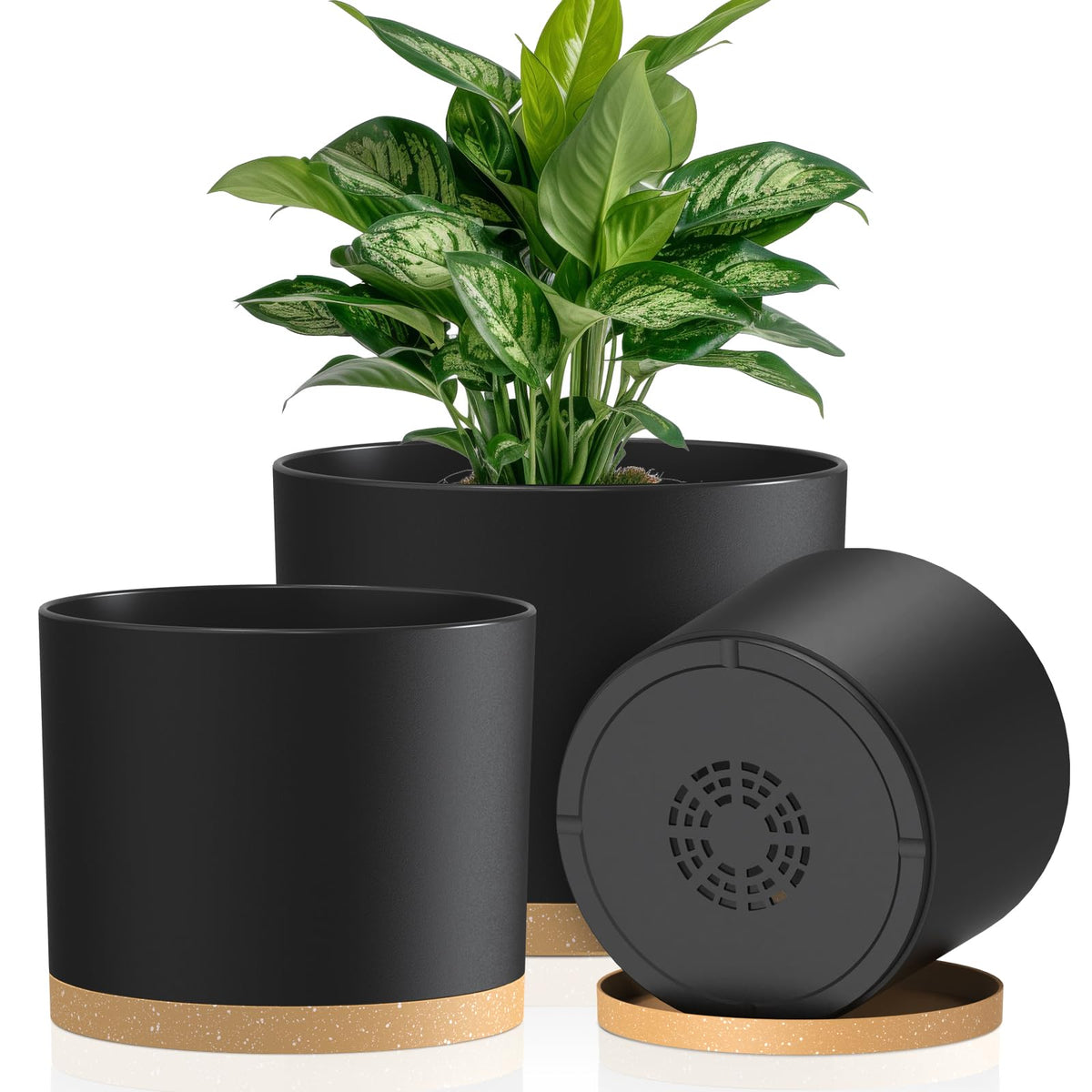 Plant Pots, 10/9/8 Inch 3 Pack Cylindrical Flower Pots with Drainage Holes and Saucers, Plastic Planters for Outdoor Indoor Plants,Black