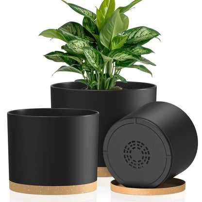Plant Pots, 10/9/8 Inch 3 Pack Cylindrical Flower Pots with Drainage Holes and Saucers, Plastic Planters for Outdoor Indoor Plants,Black