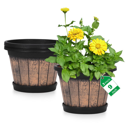 Quarut 3 Pack 10 inch Plant Pots,Whiskey Barrel Planters with Drainage Holes & Saucer, Plastic Decoration Flower Pots Imitation Wine Barrel Design, for Indoor & Outdoor Garden Home Plants (Brown)