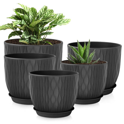 Plastic Plant Pots 10/9/8/7.5/7 inch Set of 5, Flower Planters with Drainage Holes and Saucers, Plastic Pots for Indoor Outdoor Plants, Livingroom Garden Decor (White)