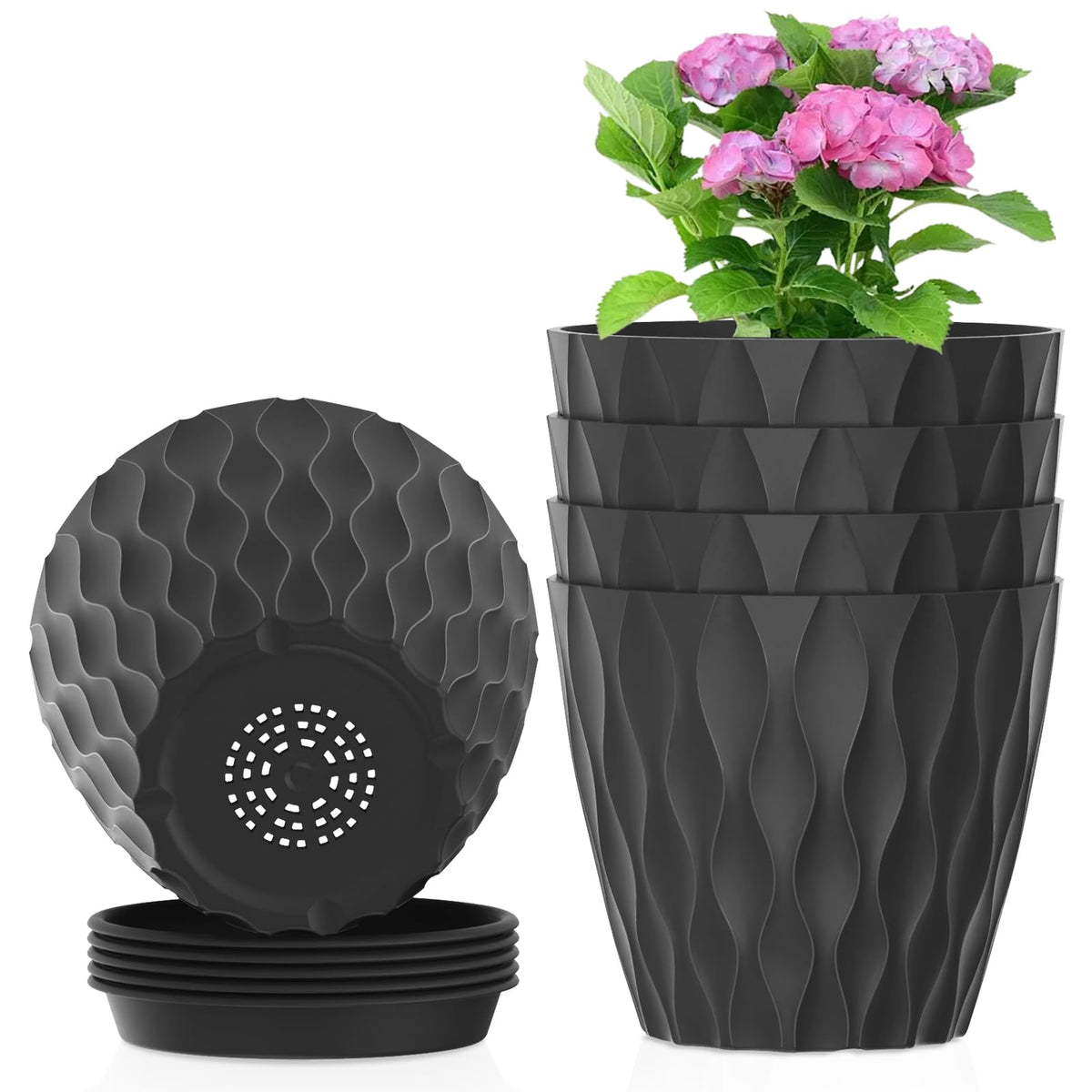 Meowell 7/6.5/6/5.5/5/4.5/4 inch Plant Pots for Indoor Outdoor Plants, 7 Pack Thick Flower Pots with Drainage Holes and Saucers, Modern Wave Texture Small Plastic Planters Nursery Pots, Multicolor