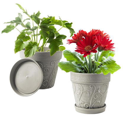 Melphoe Plant Pots Indoor with Drainage & Saucer, 2Pack 7 inch Flower Pots Outdoor Planters for Indoor Plants Garden Home Decor Cactus Succulent, Rigid Plastic (Imitation-Terracotta) Vine-Embossed